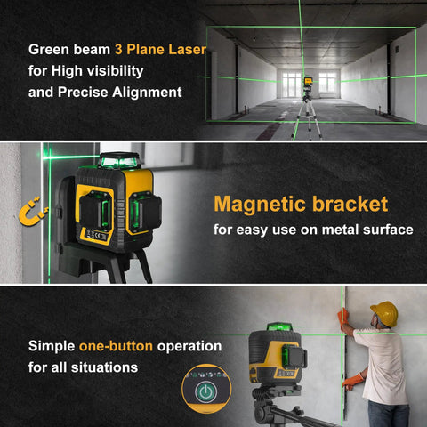 3 X 360 Degree Laser Level With Tripod Do It All Rechargeable 82 Ft Cross Line Green Laser Self Leveling For Construction Tile And Home Renovation Magnetic Base Iron Plate Carry Bag in use in construction setting