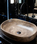 Oval Ceramic Vessel Sink for Bathroom, Retro Modern Above Counter Vanity Sink for Home or Hotel, Stylish Wash Bowl (Multi-colored-Small) on black marble counter.
