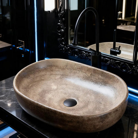 Oval Ceramic Vessel Sink for Bathroom, Retro Modern Above Counter Vanity Sink for Home or Hotel, Stylish Wash Bowl (Multi-colored-Small) on black marble counter.