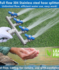 Heavy Duty 4 Way Garden Hose Splitter With Full Flow Ball Valve, 304 Stainless Steel, Lead Free, 3/4 Inch GHT Thread, Extra Long 2.1 Inch Handle, Outdoor Spigot Faucet Connector For Fast, Unrestricted Water Distribution on grass