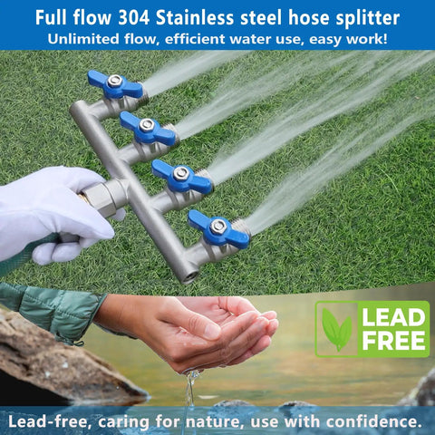 Heavy Duty 4 Way Garden Hose Splitter With Full Flow Ball Valve, 304 Stainless Steel, Lead Free, 3/4 Inch GHT Thread, Extra Long 2.1 Inch Handle, Outdoor Spigot Faucet Connector For Fast, Unrestricted Water Distribution on grass