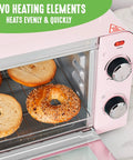 Pink Mini Oven With Healthy Ceramic Nonstick Coating, Compact Countertop Bake Broil Toast Pizza Maker with bagels inside