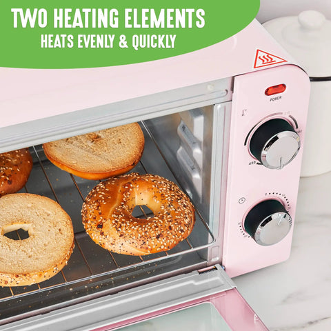 Pink Mini Oven With Healthy Ceramic Nonstick Coating, Compact Countertop Bake Broil Toast Pizza Maker with bagels inside