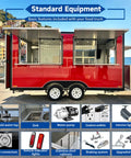 Standard equipment included with 13 Foot Red Fiberglass Food Truck Fully Loaded Mobile Kitchen With Commercial Grade Prep Tables Built In Cooking Gear Street Ready Catering Rig.