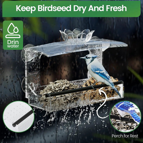 Clear Window Bird Feeder With Strong Suction Cups And Removable Seed Tray Acrylic Transparent Bird House for outdoor use