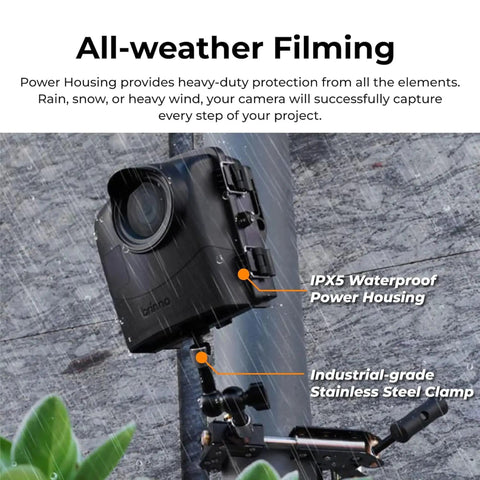 Hella Rugged Construction Time Lapse Camera Bundle With 1080p Waterproof Housing and Clamping Mount in rain, showing heavy-duty protection and setup.