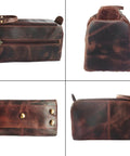 Genuine Full Grain Leather Toiletry Bag For Men Slick Travel Dopp Kit And Shaving Organizer Built Tough Compact Grooming Case shown from various angles.