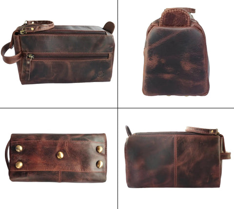 Genuine Full Grain Leather Toiletry Bag For Men Slick Travel Dopp Kit And Shaving Organizer Built Tough Compact Grooming Case shown from various angles.