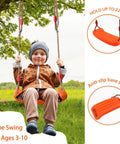 Tree Swing Seat For Kids With Thick Rope, Built Tough Outdoor Swing Set Accessory, child sitting on bright orange seat with adjustable rope