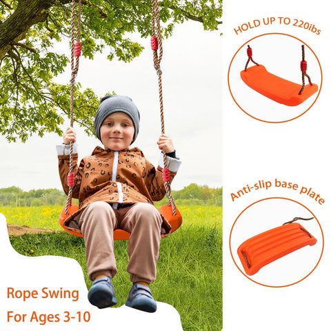 Tree Swing Seat For Kids With Thick Rope, Built Tough Outdoor Swing Set Accessory, child sitting on bright orange seat with adjustable rope