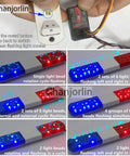 Instruction and display modes of One Tenth RC Police Lights LED Flashing Lamp Kit With Nine Modes for RC vehicles in blue and red.