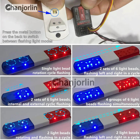 Instruction and display modes of One Tenth RC Police Lights LED Flashing Lamp Kit With Nine Modes for RC vehicles in blue and red.
