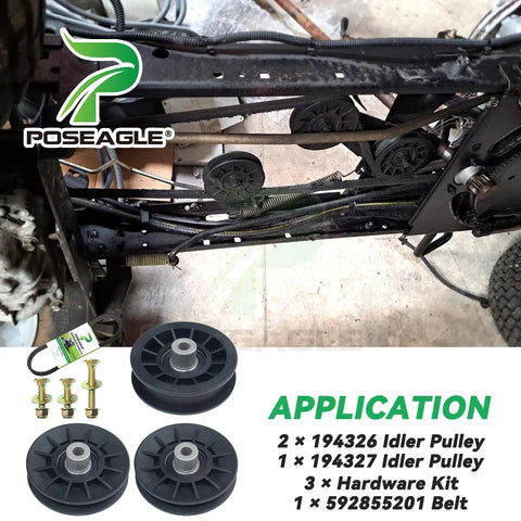 2 Pack Heavy Duty Idler Pulleys And Belt Replacement Kit installed on lawn tractor frame with application details