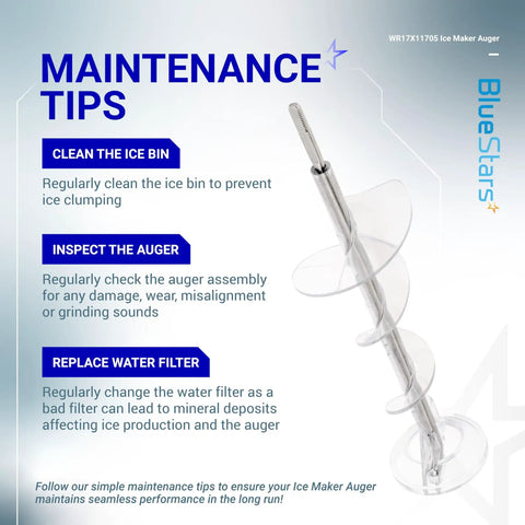 Ultra Durable Ice Maker Auger Replacement For GE Hotpoint Refrigerators Fits WR17X11705 with maintenance tips and auger image