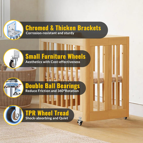No Fuss Side Mount Casters 2 Inch L Shaped Rubber Furniture Wheels Set Of 8 With Wheel Brakes on a wooden crib, showcasing sturdy brackets and TPR tread.