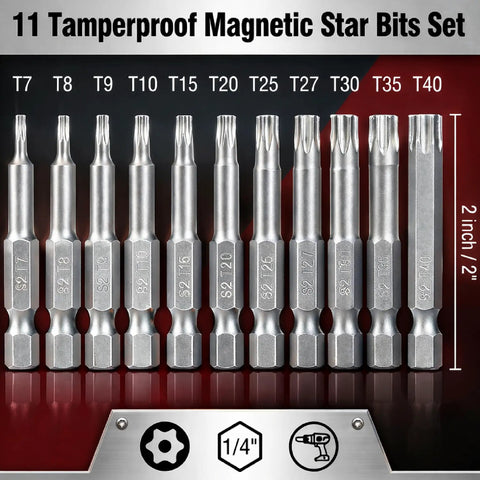 Security Torx Bit Set For Impact Tools 11 Pcs Two Inch Long Quarter Inch Drive Hex Shank T7 To T40 Premium S2 Steel