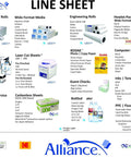 Alliance line sheet poster showing office paper categories, including Laser Cut Sheets and Copy Papers.