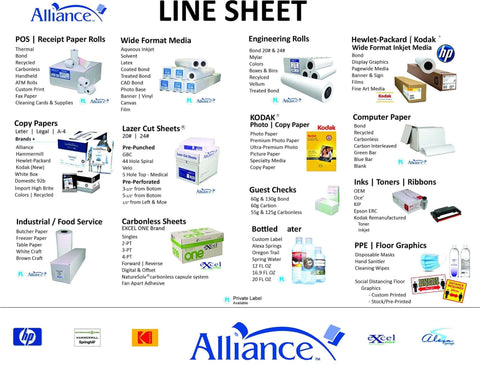 Alliance line sheet poster showing office paper categories, including Laser Cut Sheets and Copy Papers.