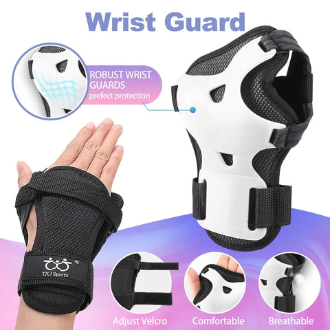 Six Pack Pro Grade Protective Gear Set With Knee Pads Elbow Pads And Wrist Guards for Kids Teens and Adults wrist guard close-up