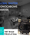 Global Shutter USB Camera Module 720P 60fps with monochrome lens and 100-degree field of view in modern room setting.