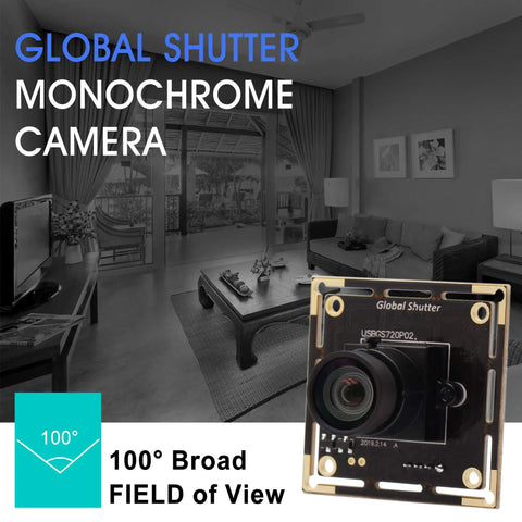 Global Shutter USB Camera Module 720P 60fps with monochrome lens and 100-degree field of view in modern room setting.