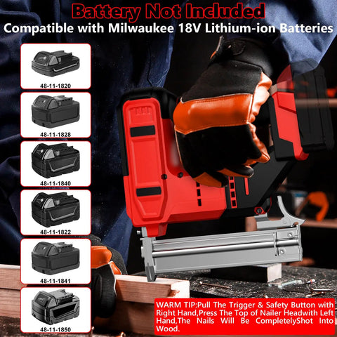 Heavy Duty 18 Gauge Cordless Brad Nailer And Stapler Kit Ready To Roll With Your Favorite Batteries, showcasing battery compatibility.