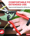 Holding Ultra Light Long Reach Pruning Shears For Garden And Florist Use with red handles trimming plant stem, lightweight carbon steel blades