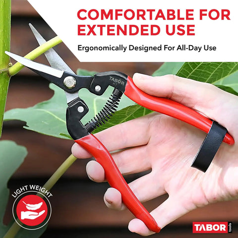 Holding Ultra Light Long Reach Pruning Shears For Garden And Florist Use with red handles trimming plant stem, lightweight carbon steel blades