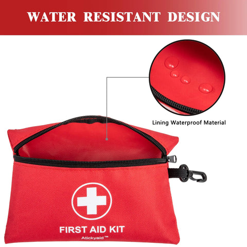 Front view of Atickyaid mini red first aid kit pouch with zipper and waterproof lining
