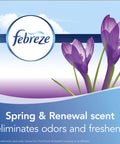 Febreze Spring & Renewal scent logo with purple flowers, promoting odor elimination and freshness.