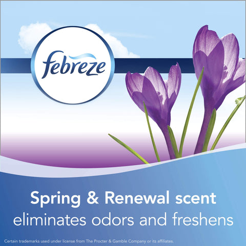 Febreze Spring & Renewal scent logo with purple flowers, promoting odor elimination and freshness.