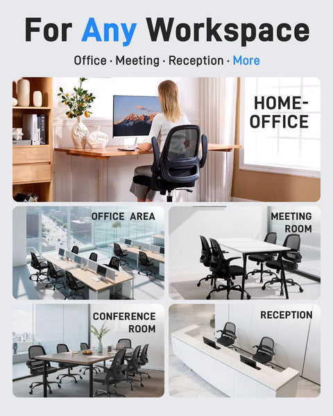 Collage of Ergonomic Mesh Office Chair for Home Office With Flip Up Armrests in different settings, showing versatility.