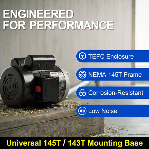 Straight Up Heavy Duty 1.5 HP Farm Duty Electric Motor Runs Smooth At 1725 RPM with TEFC enclosure and NEMA 145T frame.