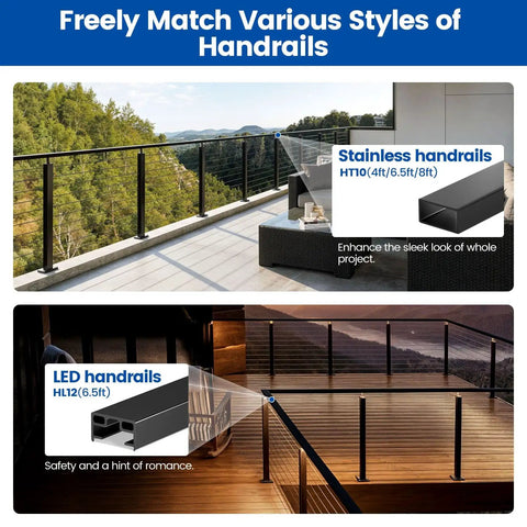 Modern Modular Cable Railing Kit For Decks And Patios with stainless and LED handrails, showcasing 36 Inch Surface Mount Balustrade.