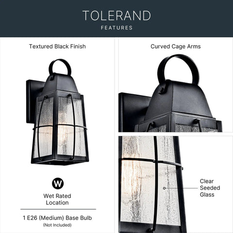 Tolerand 12 Inch Outdoor Wall Light In Textured Black With Clear Seeded Glass 1 Light Exterior Sconce For Porch And Patio