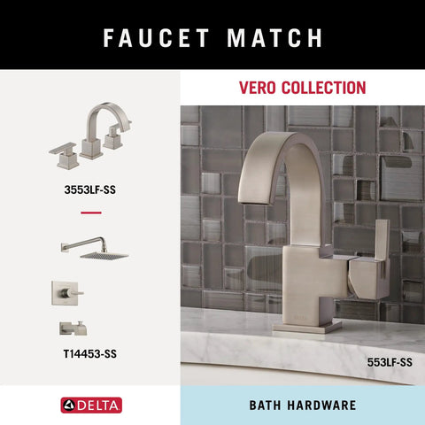 Delta Vero Collection faucet match display with product codes and bath hardware design.