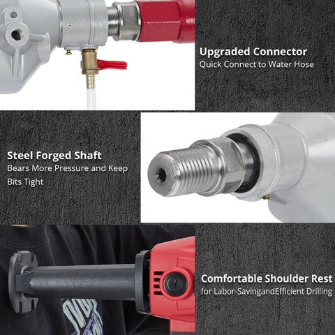 Close-up of Powerful Beast 1500W 2 In 1 Wet And Dry Handheld Concrete Core Drill features, showing connector and shaft.