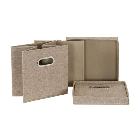 Heavy Duty Foldable Cube Storage Bins With Secure Snap Lids And Polished Chrome Handles In Warm Brown Linen Fabric for Closet Organization