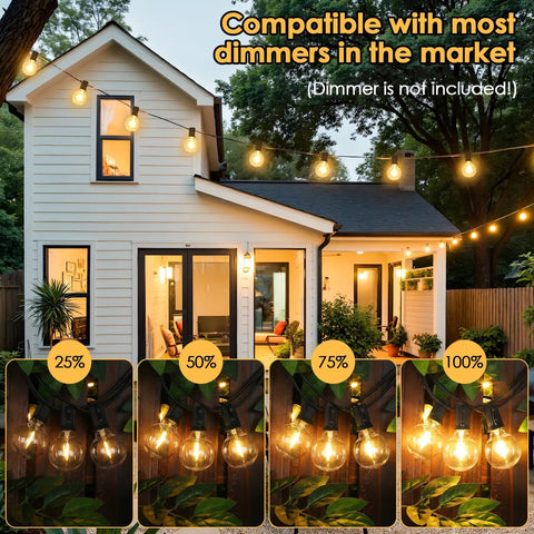 25 Foot G40 LED Outdoor String Lights With 11 Bulbs Plug In Waterproof Patio String Lights shown on house and dimming levels
