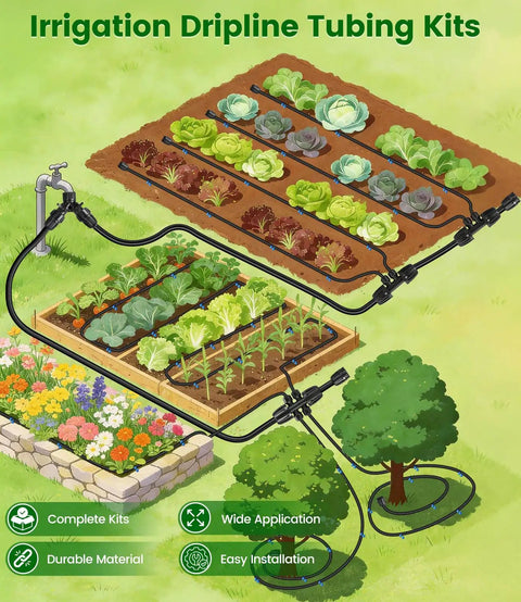 Illustration showing 250 Ft Drip Irrigation Kit With Half Inch Tubing And Quarter Inch Dripline Plus Quick Connect Fittings in garden setup