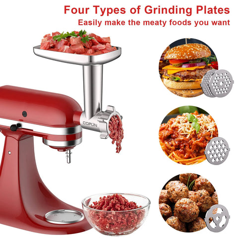 COFUN metal meat grinder attachment for KitchenAid stand mixer; side view showing 4 grinding plates and ground meat.