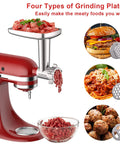 Pro-Grade Meat Grinder And Slicer Shredder Attachments For Stand Mixers with grinding plates, showing food examples