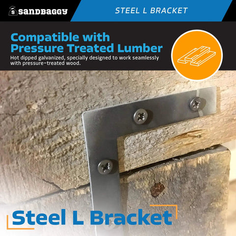 5 Inch Hot Dipped Galvanized Steel L Bracket Corner Brace Heavy Duty 90 Degree Mending Plate for pressure treated wood on a wooden surface.