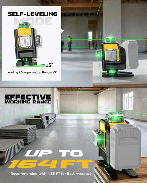 Pro Grade Laser Level 4D Self Leveling With 360 Degree Green Beam And 16-Line Layout For Indoor Renovation, Construction, Floor Tile Install, Home DIY, Works With DeWalt 20V Battery, Tool Only, green beam shown up to 164 ft