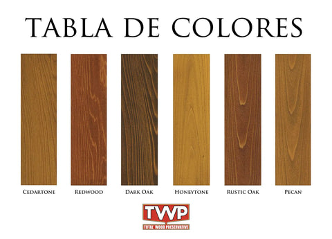 Heavy Hitter Oil Based Wood Preservative And Exterior Stain In Warm Pecan Hue color chart showing six wood stain options.