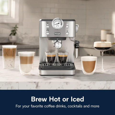 Espresso Machine With Milk Frother And 15 Bar Pump For Lattes Cappuccinos And Iced Coffee At Home Barista Quality Shots And Creamy Froth Every Time For You on a kitchen counter brewing espresso with glasses.