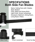 52 Inch Modern Black Ceiling Fan With Light And Remote Flush Mount Low Profile Ceiling Fan With 3 Wood Blades Dark Grey Finish