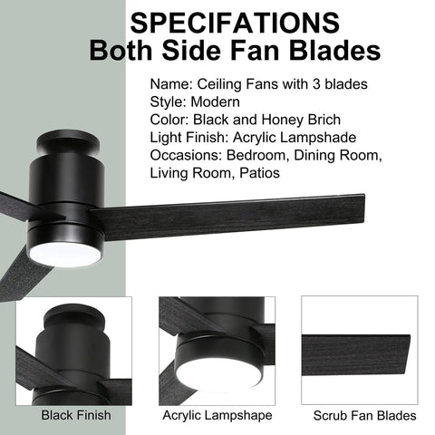 52 Inch Modern Black Ceiling Fan With Light And Remote Flush Mount Low Profile Ceiling Fan With 3 Wood Blades Dark Grey Finish