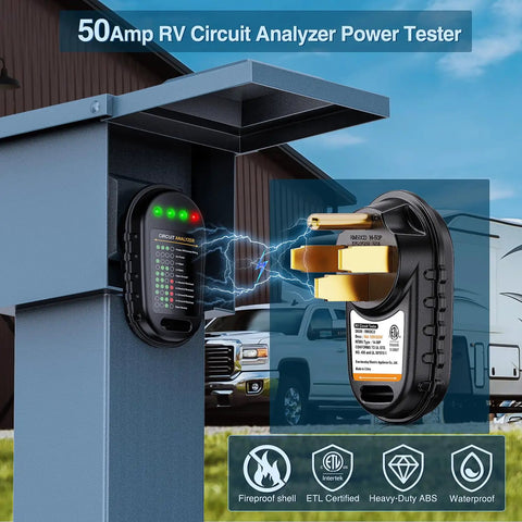 50 Amp RV Circuit Tester With LED Indicator Light, NEMA 14 50P Plug, 125V 6250W Power Check, Verifies Source And Prevents Miswiring, Durable Flame Retardant Shell, Great For Travel And Campsites. side view at RV pedestal
