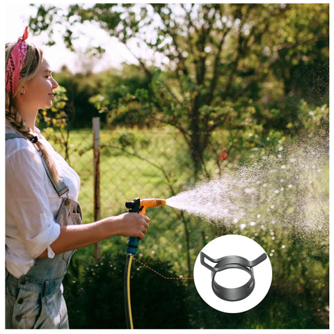 Woman spraying garden with hose, inset of 12 Pack 1.14 Inch Spring Band Hose Clamps With Constant Tension For Auto Fuel Line Silicone Vacuum Hose Steel Clamp Low Pressure Air Clip Durable High Sealing Performance.